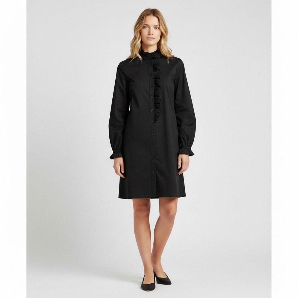 J.CREW | Cottage Ruffle Front Shirt-Dress in Cotton Poplin Size 4 Black BP840